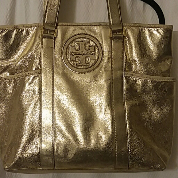 Tory Burch Handbags - Tory Burch Gold Leather Tote w/ Snake print trim